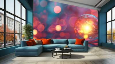 Glowing light bulb on a reflective surface against a blurred background of multicolored lights. AI. Wall mural