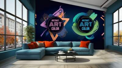 Graphic covers, paint brush frames. Color splash with logo for motivational phrases, ornaments for business brochure or flyer. Round frame, copy space. Vector current modern abstract design Wall mural