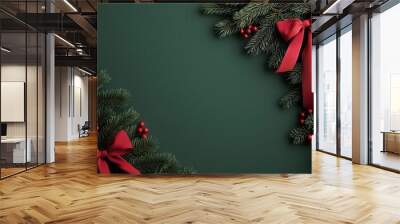 Green pine branches with red ribbons and bows, festive holiday decorations, 3D illustration Wall mural