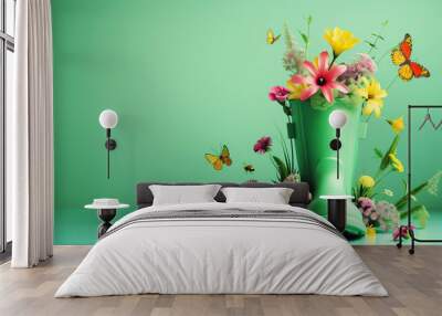 Green rubber boots filled with colorful flowers and surrounded by butterflies and bees against a mint green background. The setup creates a vivid and cheerful garden-themed image. Wall mural