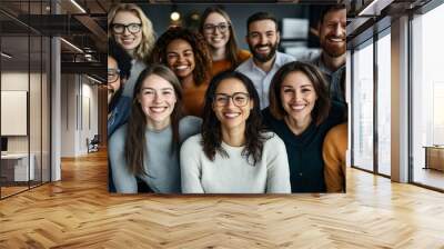 Group of diverse young adults smiling and standing closely together indoors, wearing casual clothing and glasses, symbolizing teamwork and friendship. Wall mural