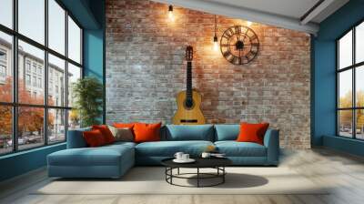 Guitar on the background of a brick wall. Watches and lamps, loft Wall mural