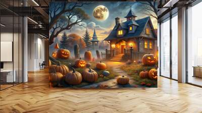 Halloween background with pumpkins, haunted house and moon in the sky Wall mural