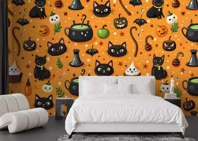 Halloween seamless pattern with black cats, witch's cauldron, pumpkins, candies and sweets. Wall mural