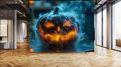 Halloween tradition and celebration concept. Spooky composition of halloween carved pumpkin with smoke Wall mural