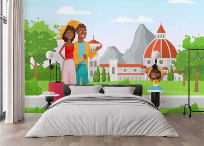 Happy family people in vacation, mother father daughter tourists standing with suitcase Wall mural