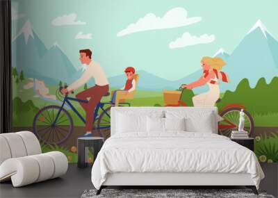 Happy family people ride bikes on path of spring mountain landscape vector illustration. Cartoon young mother, father and son in helmet travel on bicycles, healthy leisure and vacation of cyclists Wall mural