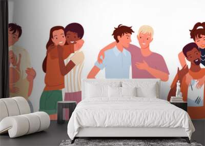 Happy people friends hug cuddle vector illustration set. Cartoon diverse woman man character standing together, young couple of girlfriend and boyfriend hugging, love and friendship isolated on white Wall mural