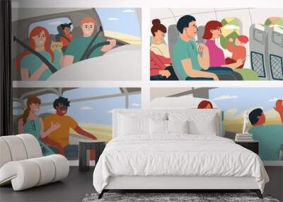 Happy people traveling in planes, trains and buses, looking outside windows at sceneries, landscapes. Scenes with passengers in transport. Tourism concept. Colored flat graphic vector illustration. Wall mural