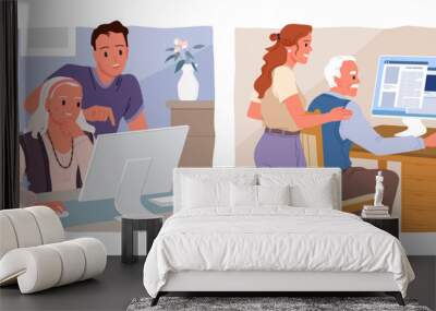 Help and assistance, support from young people to grandparents in using computer set. Grandpa and grandma sitting at home desk to work on PC, study or chat on social media cartoon vector illustration Wall mural