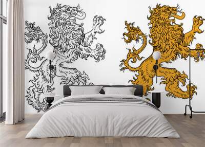 Heraldic lion standing rampaging on its hind legs. Medieval engraving woodcut style vector illustration. Coat of arms, history, fantasy, mythology, astrology, tattoo, logo design. Ink pen drawing. Wall mural