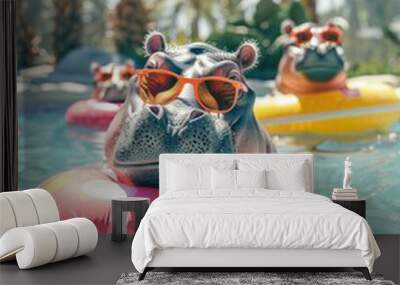 Hippos chilling in the pool. AI. Wall mural