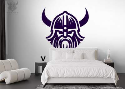 Viking and anchor logo. Scandinavian sailors symbol. Nordic warrior design. Horned Norseman symbol. Barbarian man head icon with horn helmet and beard. Wall mural