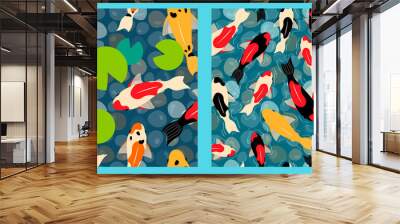 set of two seamless patterns with koi carp fish, water lilies and pebbles in a pond. colorful fish. Modern abstract design for background, packaging paper, cover, fabric, card Wall mural