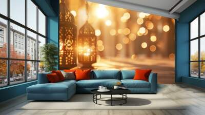 Illuminated traditional lanterns on a festive background with golden bokeh light effects. Wall mural