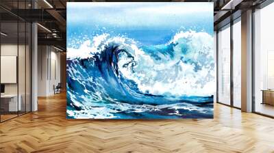 Illustration of a high sea wave with spray for surfing in watercolor. Book, postcard, poster, texture, print. Wall mural