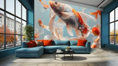 Illustration of goldfish performing spirals and loops, their movements fluid and rhythmic, like a waltz, Wall mural