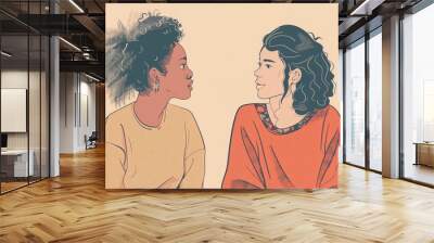 Illustration of two women facing each other, depicting a heartfelt conversation or silent interaction. Wall mural