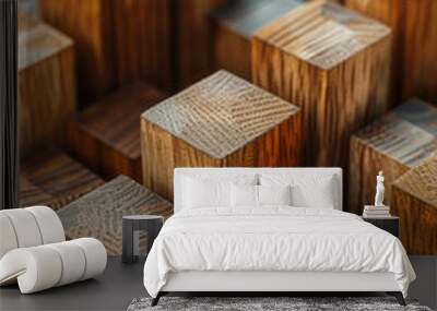 Image of a minimalist cityscape with simple wooden blocks, each representing a modern, sleek building, Wall mural