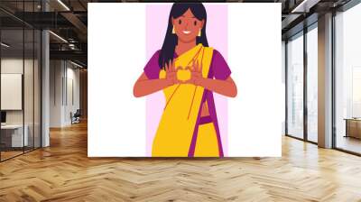 Indian young woman in yellow saree showing heart gesture with love and smile. Avatar portrait of cute happy girl in traditional clothes with fingers in shape of heart cartoon vector illustration Wall mural