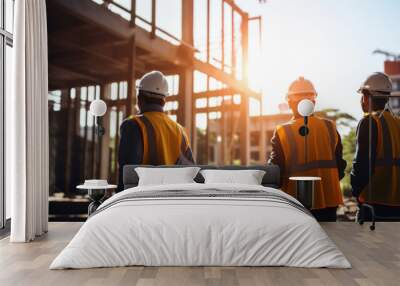 A team of construction engineers talks to managers and construction workers at the construction site. Wall mural