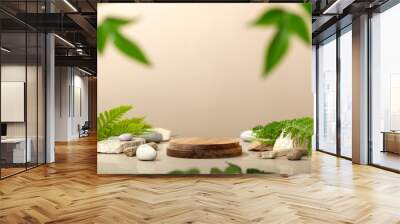 Background for cosmetic products of natural beige color. Wood podium with green leaves and natural stones Wall mural