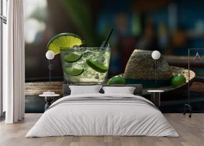 Classic alcohol cocktail mojito with rum, soda, lime and mint Wall mural