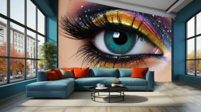 Close up of beautiful woman eye with multicolored makeup Wall mural