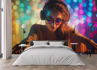 Female DJ focused on mixing music with colorful bokeh lights. Wall mural