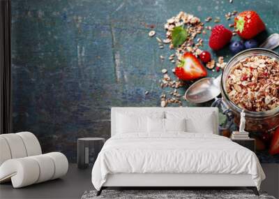 Healthy breakfast of muesli, berries with yogurt and seeds Wall mural