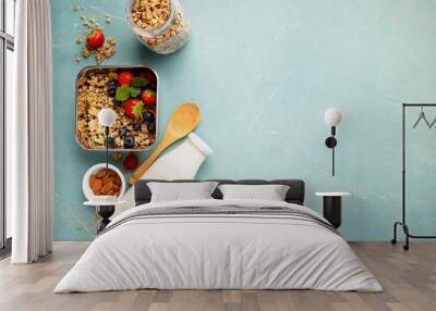 Metal container with ingredients for healthy breakfast Wall mural