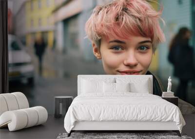 Portrait of a teenager girl with pink hair on the street. Wall mural