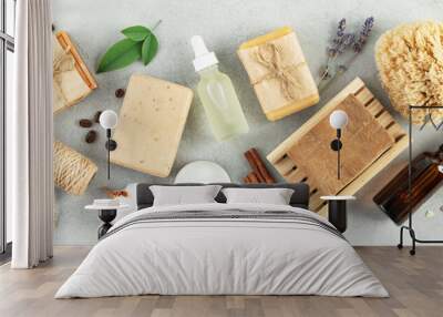 Top view photo of natural hand made soap bar and eco friendly personal care products Wall mural