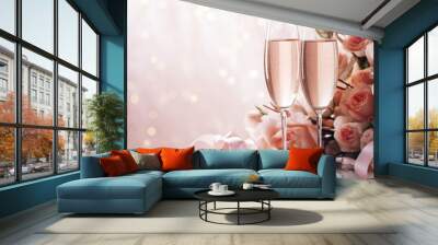 Two wine glasses and bouquet of flowers on the table Wall mural