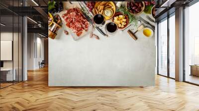 Wine and tapas, top view Wall mural