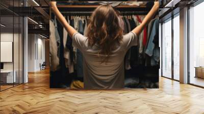 Young woman choosing clothes in front of full closet. Nothing to wear concept. Wall mural