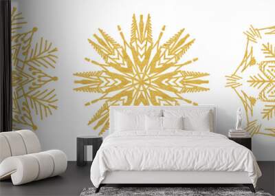 Set of snowflake sketch icon isolated on white background. Hand drawn mandala. Swirl gold icons for infographic, website, design or app Wall mural