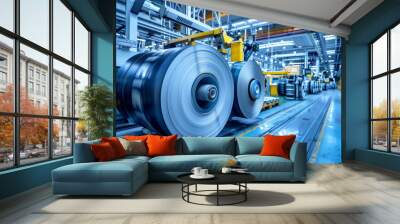 Large rolls of aluminum rotate on machinery in an industrial factory setting with metallic finishes. Wall mural