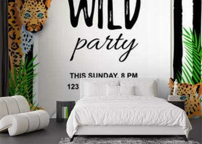 Leopards with tropical leaves, flowers, wild party invitation. Place for text. Vector illustration for flyer, birthday, tropical party, banner, poster. Wall mural