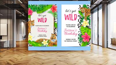 Leopards with tropical leaves, flowers, wild party invitations set. Place for text. Vector illustration for flyer, birthday, tropical party, banner, poster. Wall mural