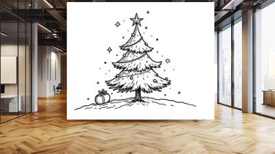 Christmas tree, black and white lines, illustration isolated on white background for design template winter banner, greeting, black outline on white background Wall mural