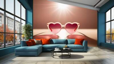 Light-colored, heart-shaped glasses with pink glass for girls. Summer concept, ophthalmologist, love Wall mural