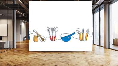 Line cooking cutlery. Hand drawn plate knife dish and bowl graphic elements, continuous line doodle cooking utensils. Vector colored line set Wall mural