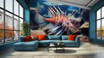 lionfish with extended pectoral fins among rocks Wall mural