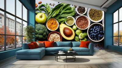 Healthy food clean eating selection: fruit, vegetable, seeds, superfood, cereal, leaf vegetable on gray concrete background Wall mural