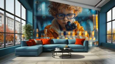 little scientist looking through a microscope and test tubes filled with chemicals for learning about science and experiments Wall mural