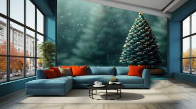 looping animation of a funny christmas tree green cone with golden model legs sits on the spinning roun pedestal on re backgroun rotating podium unusual surreal concept Wall mural