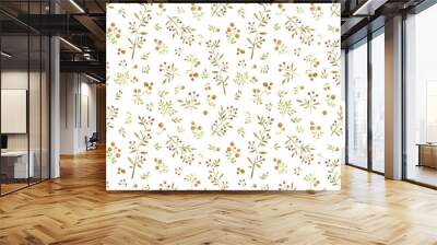 Watercolor seamless pattern with cute little leaves and yellow berries on white background Wall mural