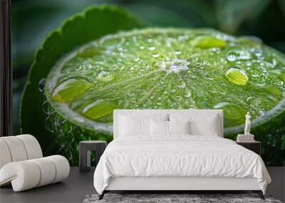 Macro shot of a lime slice, with water droplets and a vivid green background, used in citrus liqueurs, Wall mural