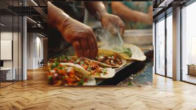 Man's hands cooking mexican tacos kitchen Wall mural